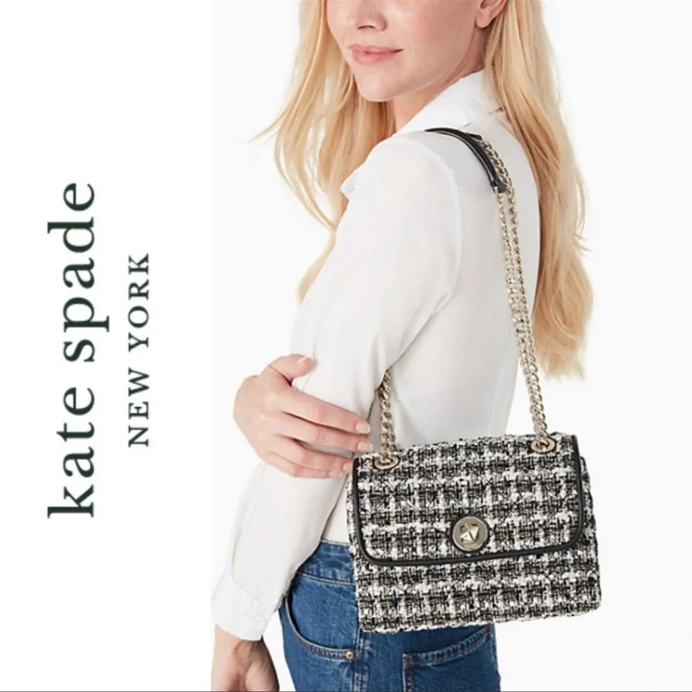 KATE SPADE-tweed Blk & Wht Natalia Flap Crossbody Shoulder Bag NWT - Picture 2 of 16